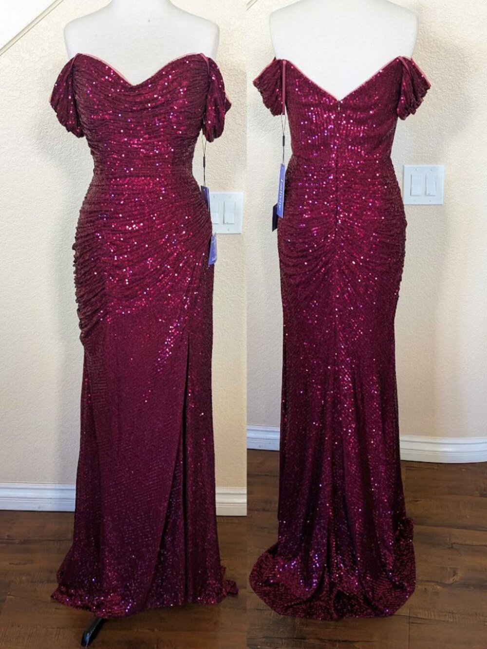Burgundy Red Sequined Off the Shoulder Formal Wedding Prom Dress 6